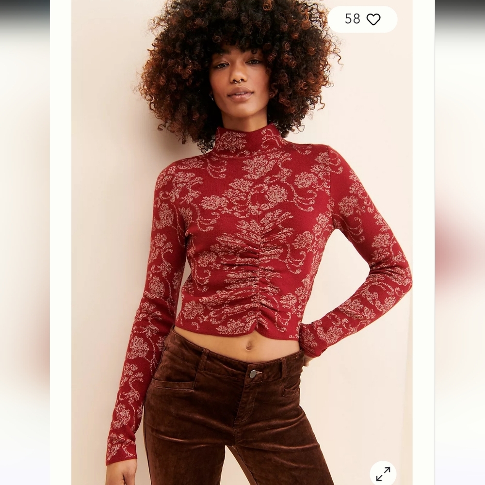Ruched Maroon‎ Mock Turtleneck Sweater Cropped Metalic Gold Floral L